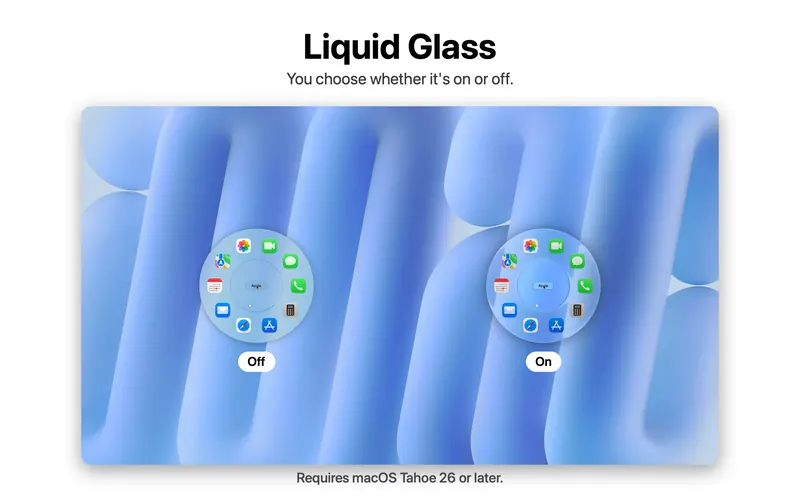 Orbit Dock with Liquid Glass off and on
